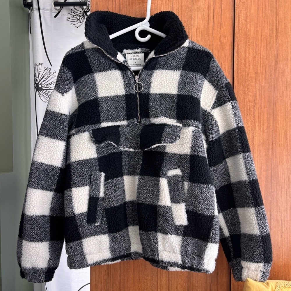 Urban Heritage Black White Buffalo Plaid Sherpa Fleece 1/4 Zip Pullover Size M